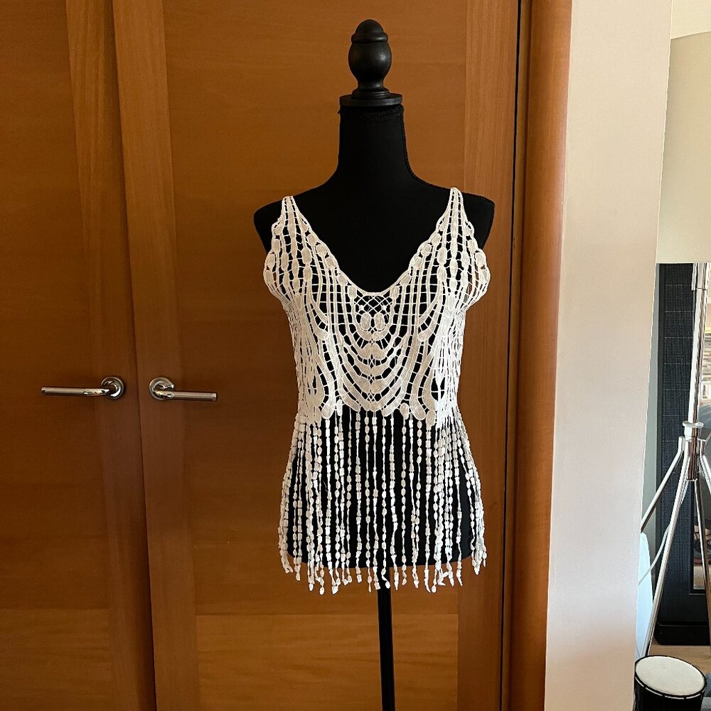 White Lace Festival Top with Fringes, Size S